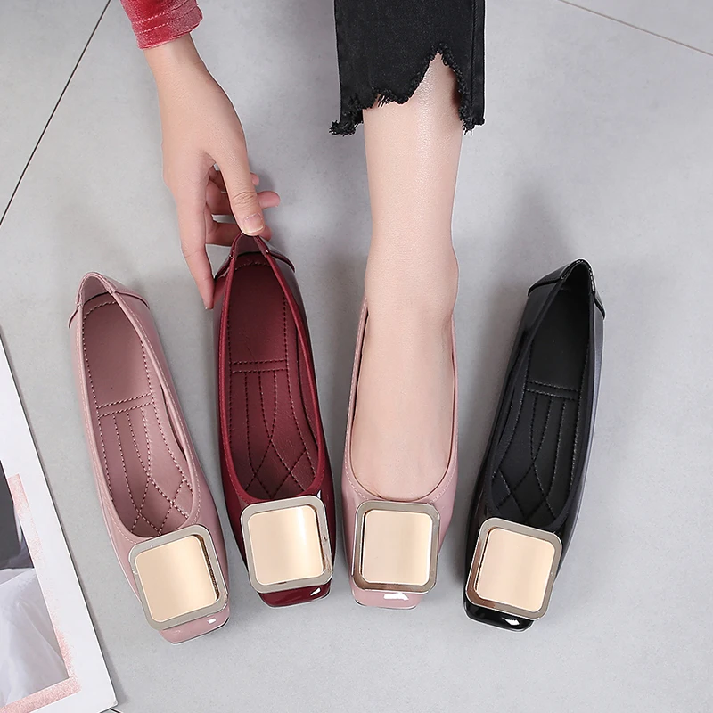 Fashion Design Square Toe Patent Pu With Big Buckle Soft Casual Shoes ...