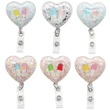 Wholesale Customized Medical Badge Holder Shine Heart Shape Pill Badge Reels for Nurse Doctor Work Accessories Office Supply