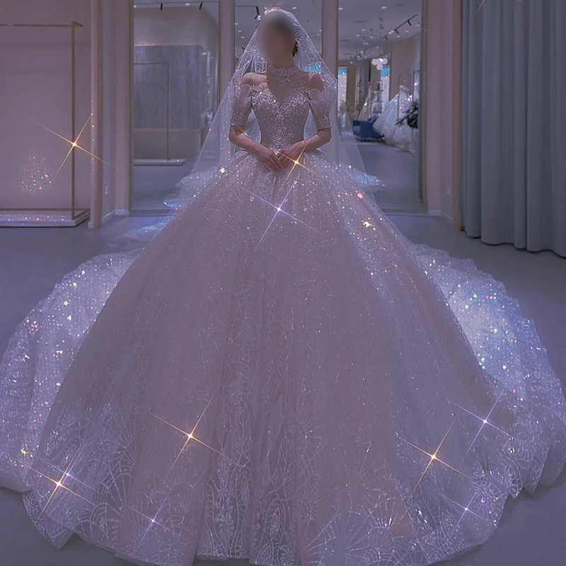 Women Long Tail Wedding Dress Ball Gown Bridal Lace Luxury Extreme Shine  Wedding Dresses Embroidered Bridal Maid Wedding Dresses