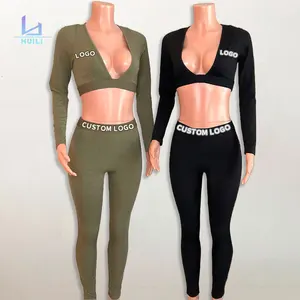 Huili Manufacturer Deep V Neck Knitted Crop Top & Leggings Two Piece Set Activewear Custom Logo Sports Loungewear Sets for Women