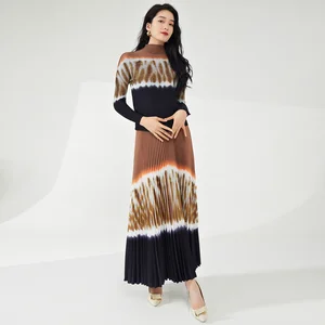 Women's Summer Casual Dress Personalized A-Line Skirt With Turtleneck Stretch Polyester Fabric Pleated Printed Top