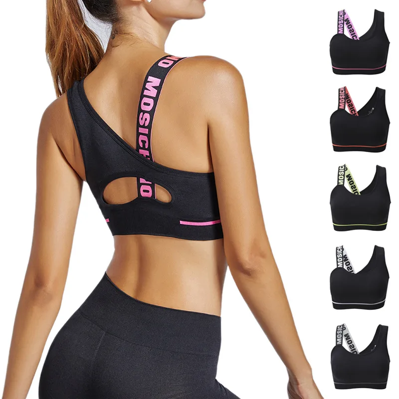 Compression One-shoulder English elastic shock-proof push-up Seamless sports bra beautiful back fitness Reversible Sports Bras