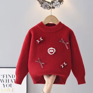Girls' Sweater Autumn 2026 New Red Korean-style Crewneck Thickening Knitted Base Shirt Children's Neck Pullover Top Trendy