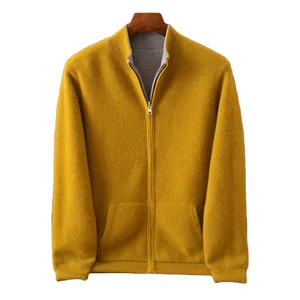 Long Sleeve Light Brown Knit Coat Men's Winter Zipper Sweater with Cardigan Sweater Design ODM Supply  Cashmere