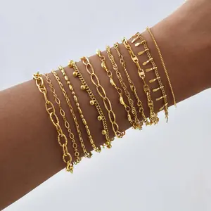 Women's Dainty Stainless Steel Gold Plated Stackable Cuban Link Paperclip Chain Bracelet Set Trendy Jewelry
