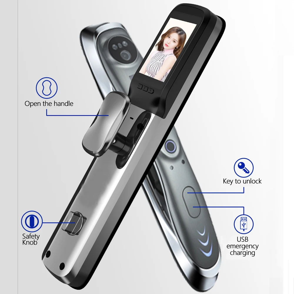 3D Face Recognition Smart Locks for Front Door Large Smart Lock Screen Wifi Tuya Smart Door Lock with Camera and Fingerprint