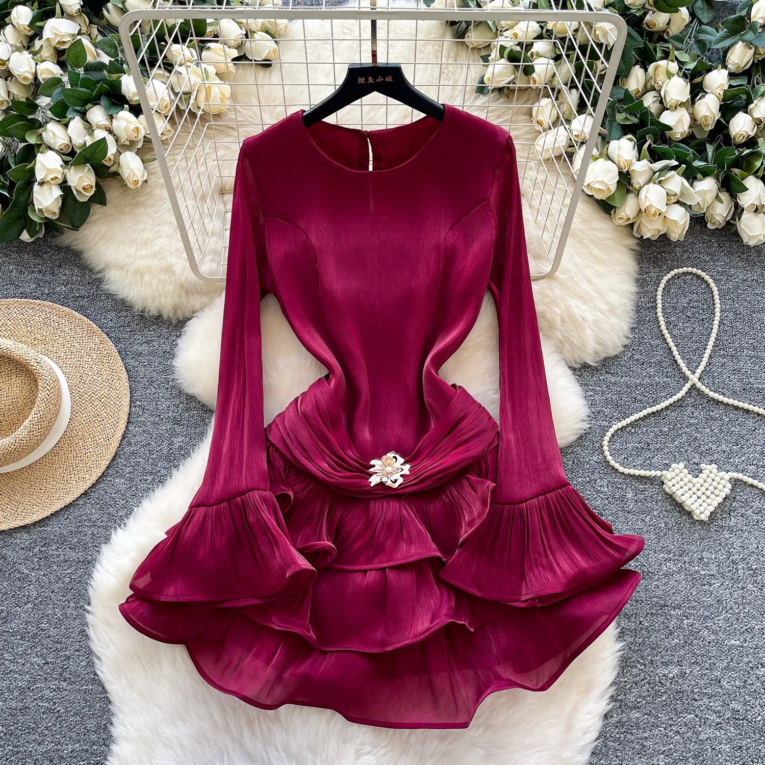 sheer hollow out dress Sheer Luck Evelyn Floral Ribbon Neckline Hollow-out Dress Green / M