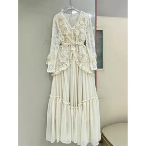 AELESEEN Autumn Winter New V-neck Retro Dress Lace 3D Appliques Floral Embroidery Midi Beaded Embroidered Flower Party Belt