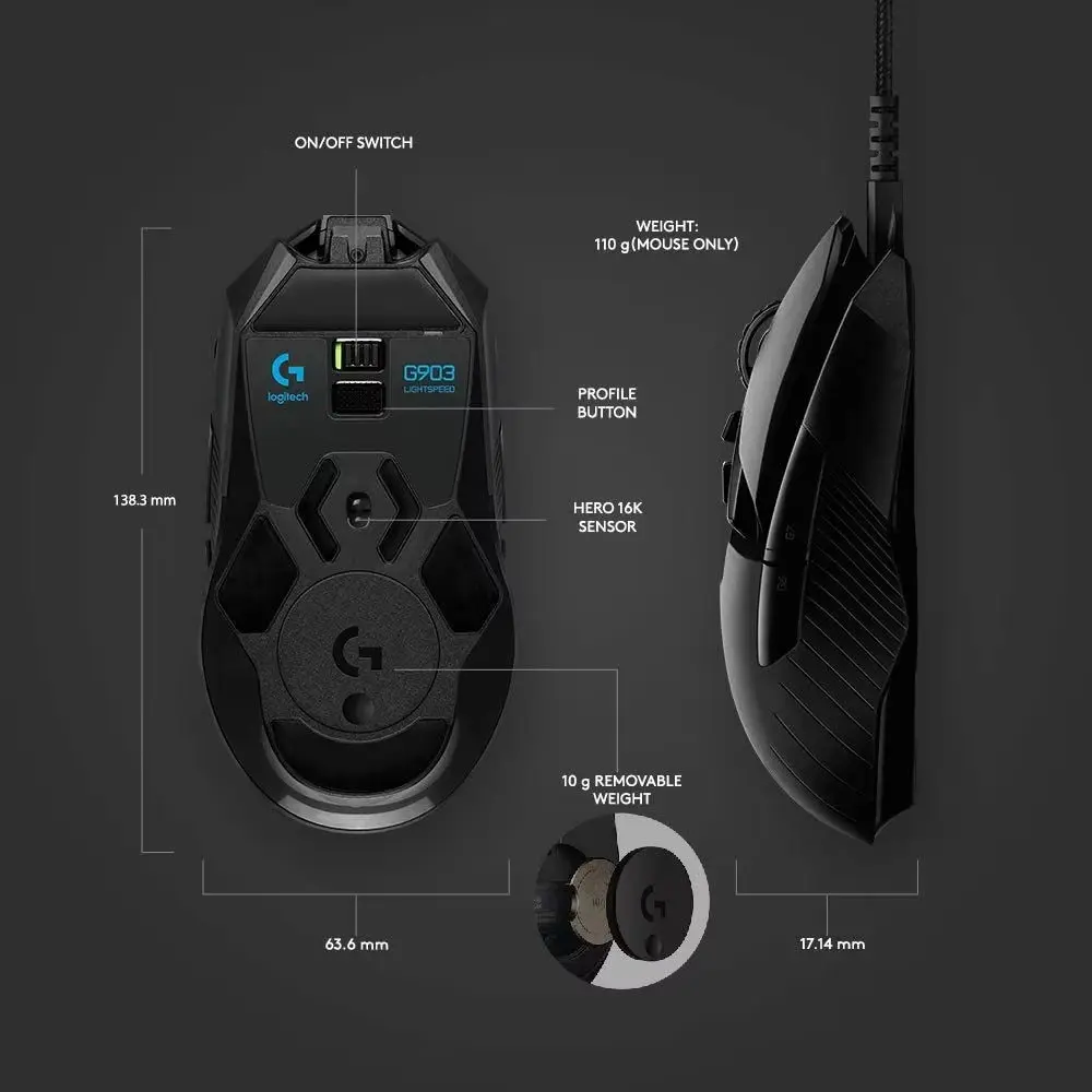 Logitech G903 LIGHTSPEED Gaming Mouse POWERPLAY Wireless Charging