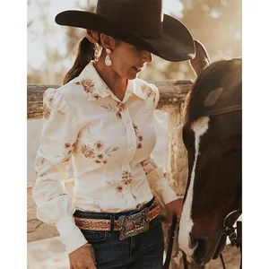 Women Arena Shirt linen cotton blend Floral Printing Long Sleeve Spring Breathable Ladies Linen Long Sleeve Western Arena Shirt