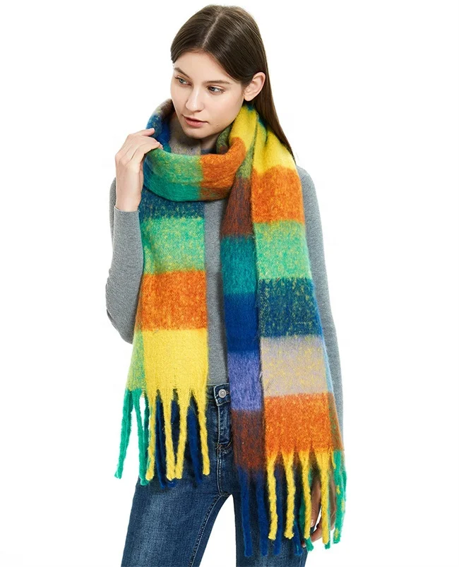 Женский кашемировый шарф в клетку, теплый толстый шарф из пашмины с кисточками, большие размеры