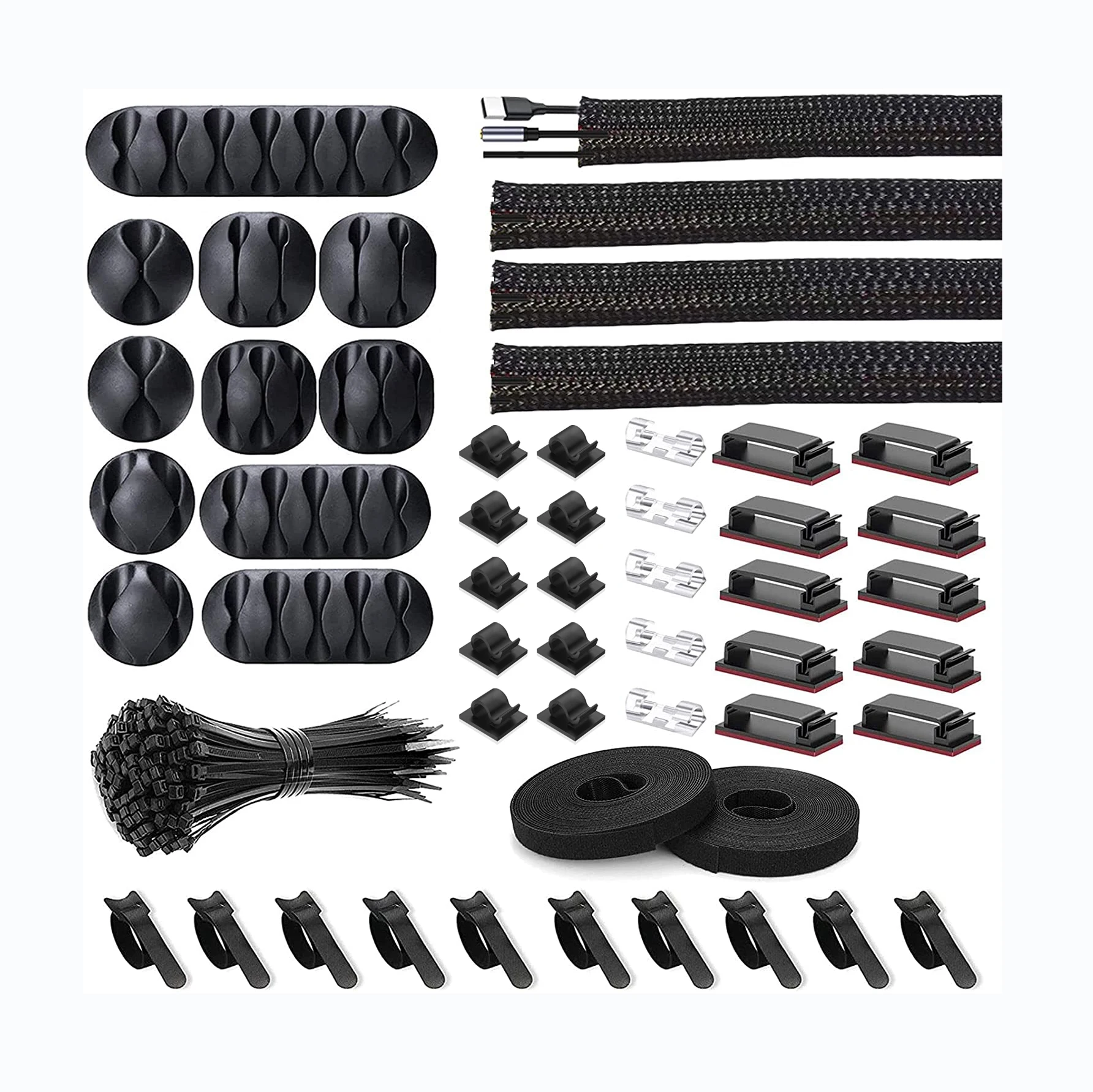 192-piece cable management kit with sleeves, clips, ties and straps