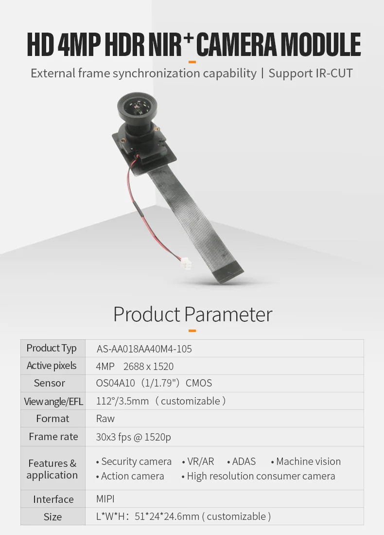 DGZX-AS-AA018AA40M4-105 OS04A10 4MP HD NIR Enhanced MIPI Color Night Vision AI Camera Module with IR Cutout插图