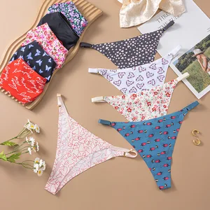 Flower Print Sexy Thongs Summer Thin Ice Silk Seamless Underwear for Women Sports Invisible Panties String 0742
