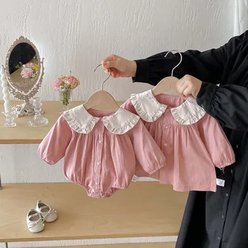 2025 Spring Autumn New Korean-style Girls' Pure Cotton Solid Western-style Big Lapel Hidden Button Sweet Dress Sister Outfit