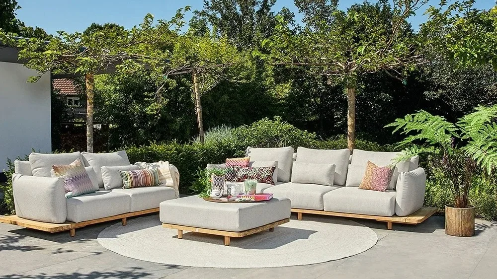 Luxury Outdoor Furniture L Shape Sofa Teak Base Waterproof Fabric