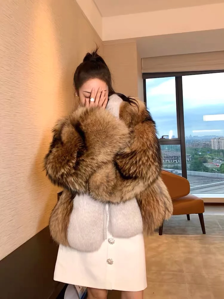Luxurious Eco-Friendly Thick Real Raccoon Fur Plus Size Women's Coats Warm Fluffy Breathable Winter Casual Coat Polyester Lining
