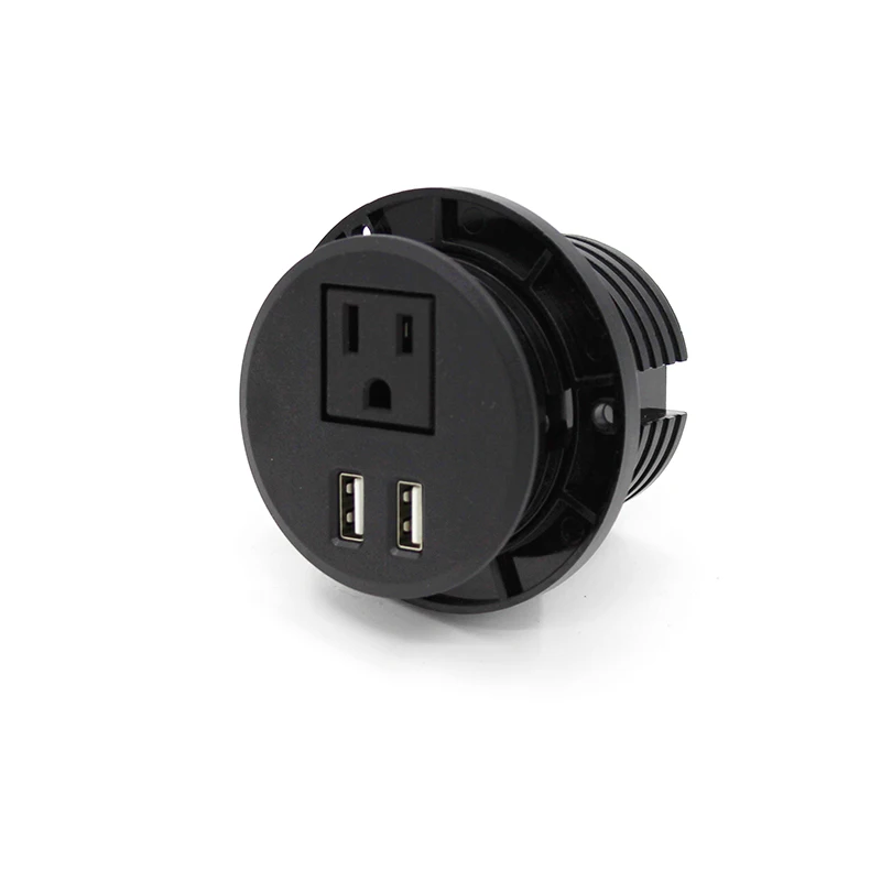 US Round Shape Power Single Outlet Socket With 2 USB Charging Port Black Color With 10ft Cord One 1 Outlets