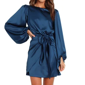 Formal Style Satin Dress With Tie Waist Long Sleeve Evening Elegant Custom Designed Clothing Mini Dresses Women