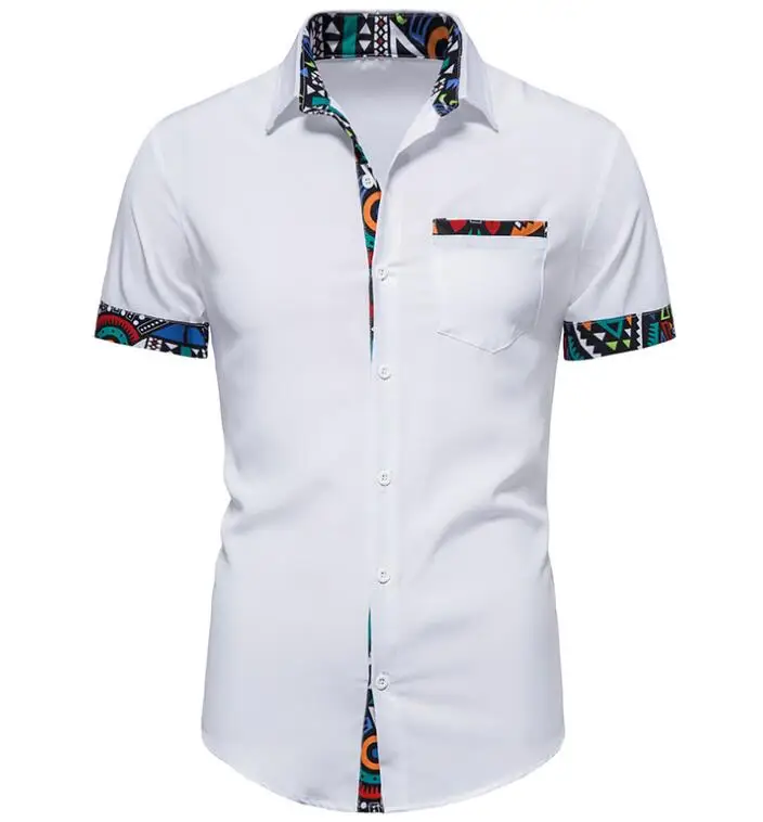 African Style Patchwork Print Breathable Men Shirts Cuban Collar Short