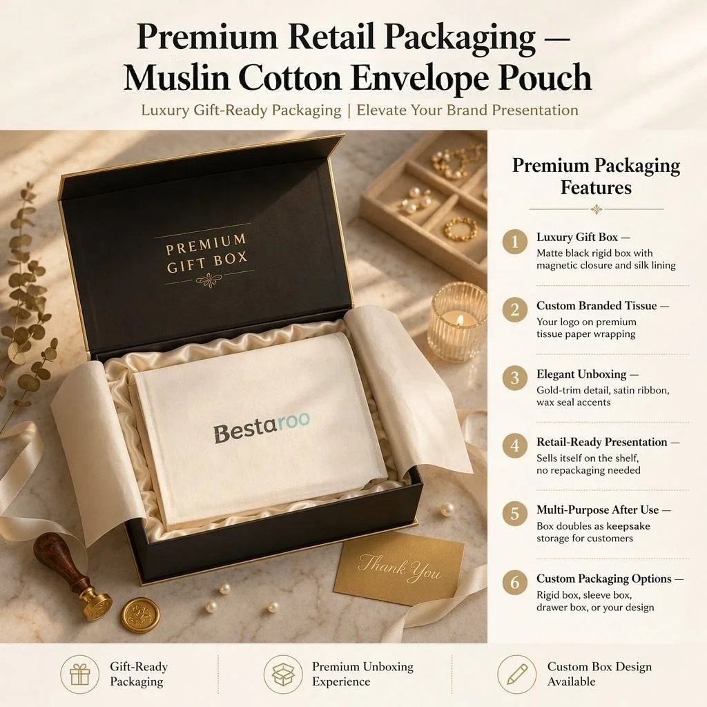 Muslin Cotton Flap Pouch for Shoe Scarf Organic square Bottom 100% Cotton Envelope Gift Packaging Bag detail