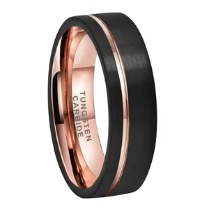 Coolstyle Jewelry 8mm Black Rose Gold Tungsten Carbide Ring for Men Women Wedding Band Offset Line Pipe Cut Brushed Comfort Fit