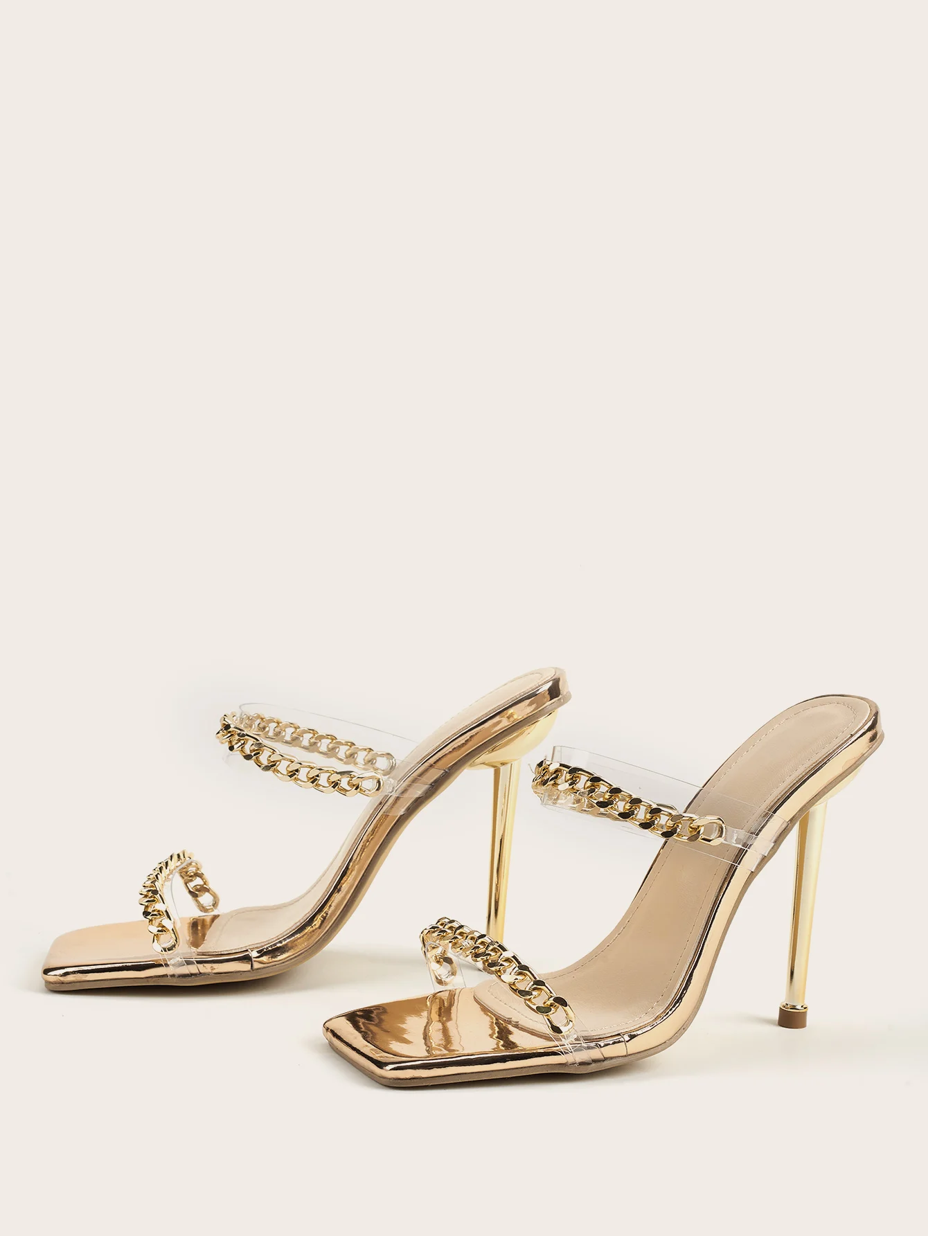 Gold Open Back Thin Rhinestones Strap Shoes Women Heels Sexy Women Shoes  2021