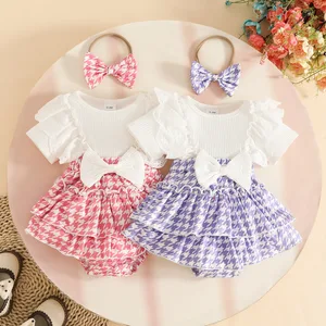2026 New Born Infant Clothing Set Short Sleeve Ribbed Top Ruffled Plaid Skirt Bow Headband 3pcs Baby Girl Summer Clothes