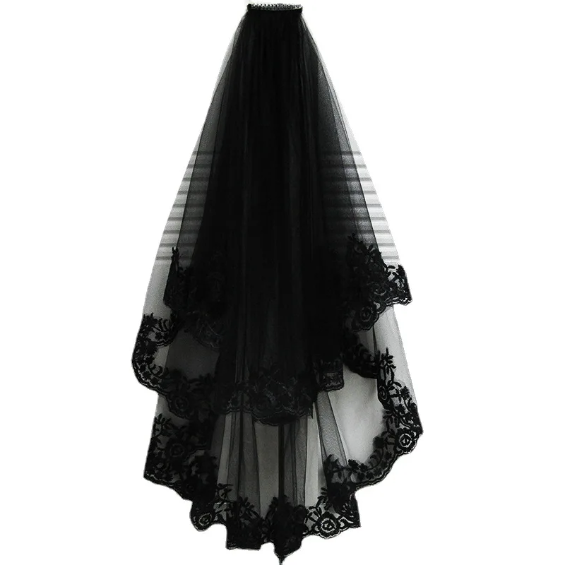 Velo Da Sposa Cattedrale 300 Cm Nero 2 Strati In Tulle Morbido Con Pettine - Bordo Tagliato, Accessorio Per Matrimonio, Halloween, Cerimonie