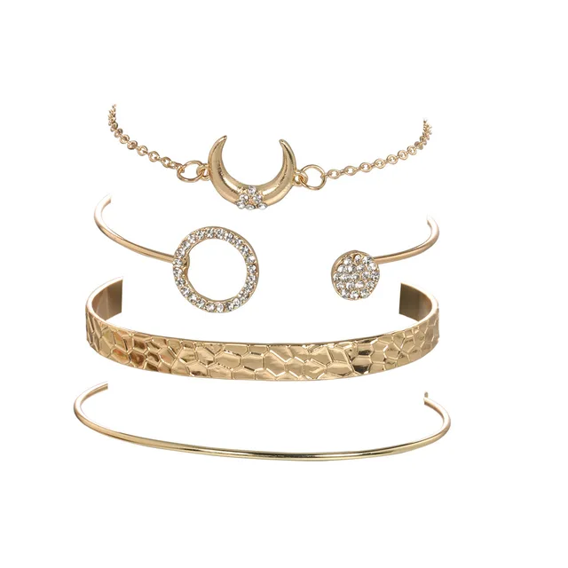 4pc/set Boho Circle Moon Rhinestone Brcelects Golden Charming Open Adjustable Bracelets Bangles For Women
