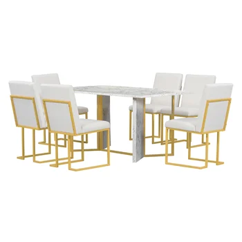 Free Shipping Dining Table Set Sticker Tabletop and 6 Upholstered Linen Chair Artificial Marble 7-piece Modern Home Furniture
