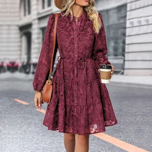 2025 New Women's Clothing Elegant Retro Style Lace Long-Sleeved Casual Dress Solid Color Women's Apparel