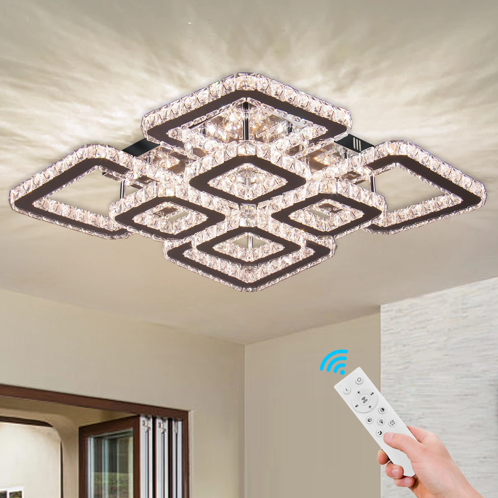 Modern Led Crystal Chandelier Dimmable Remote Control For Living