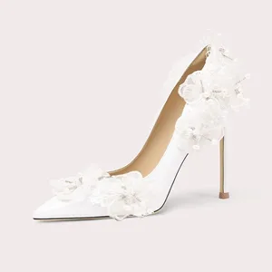 Customized Height Women's Elegant White Lace Floral High Heels with Pearl Decor and Stiletto Heel