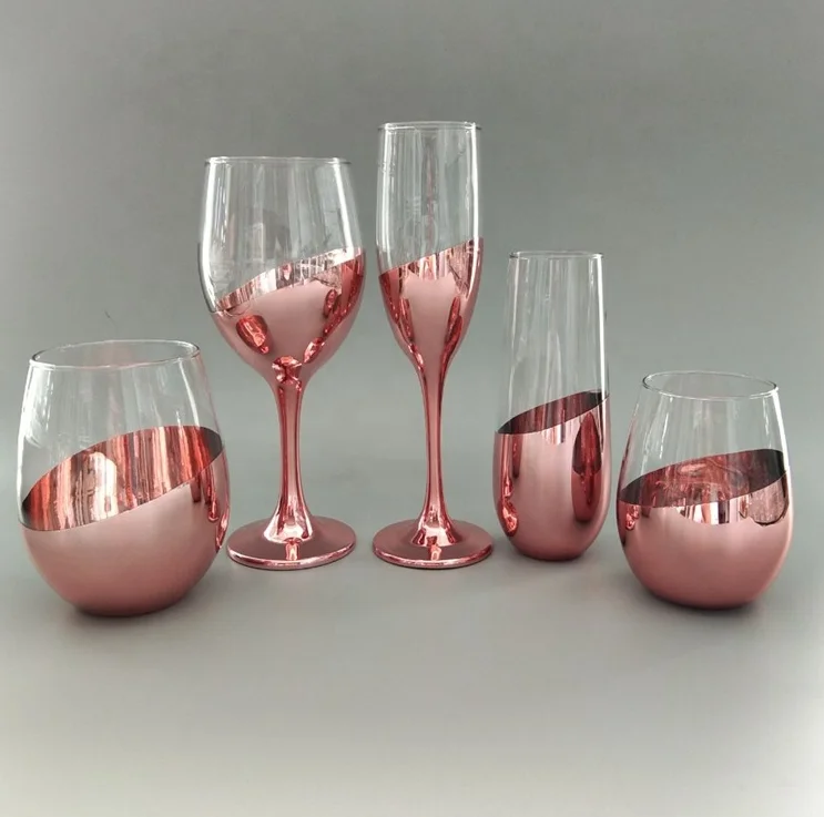 Copper/rosegold Metallic Bottom Angled Stemless And Stemmed Wine Glass