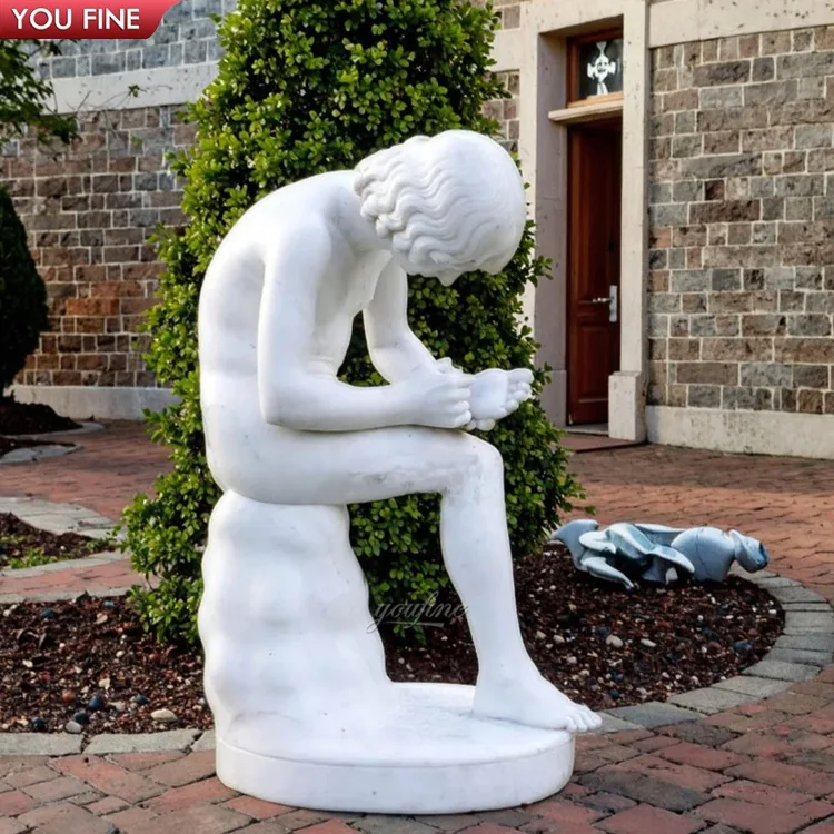 自然石製マーブル少年像 足から棘を引き抜く彫刻 150cm