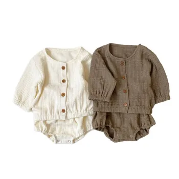 Fashionable Spring and Summer Baby Girl's Casual Clothing Set Woven Waffle Jacquard Cardigan Jacket Baby Suit