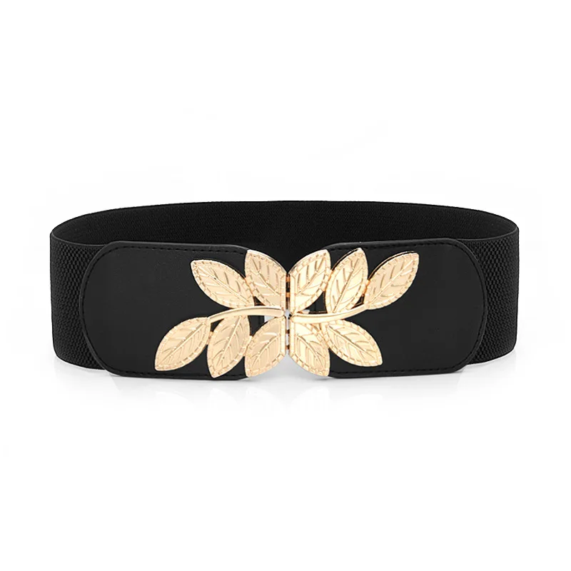 6cm Width Fashion Women Elastic Dress Belt - Gold Leaf