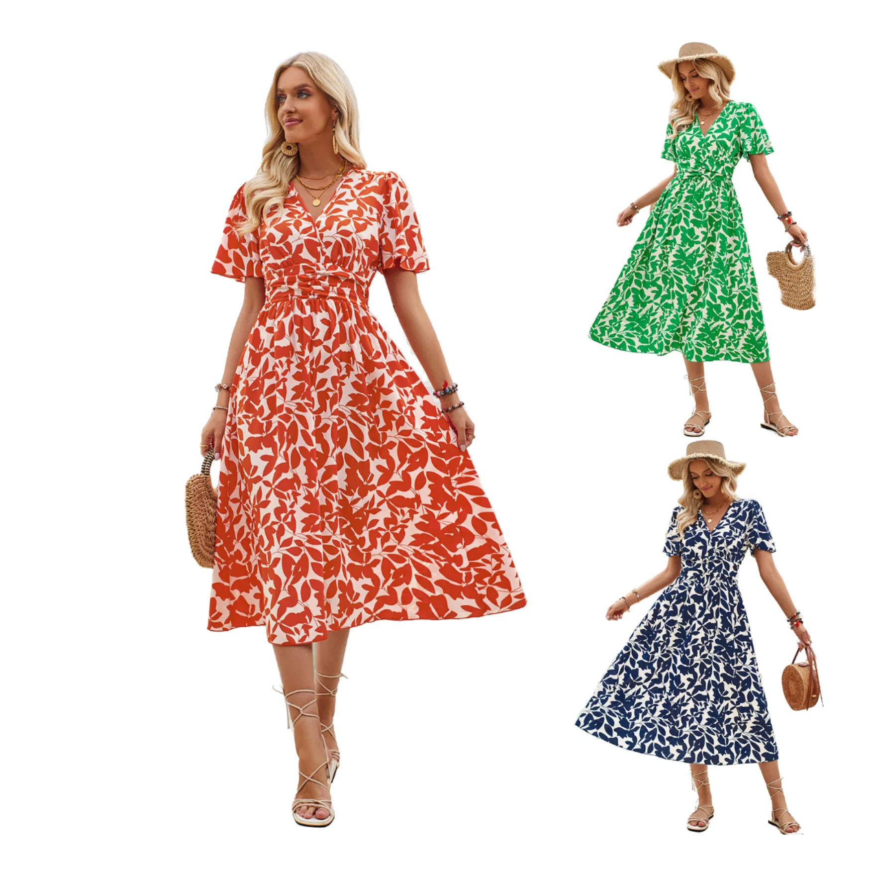 2025 Summer Casual Women's Cotton A-Line Midi Dress Boho Floral with Deep V  Neck Short Sleeves Trending for Beach Daily Wear 2025 Summer Women's Boho Floral Midi Dress - Trendy \u0026 Comfortable
