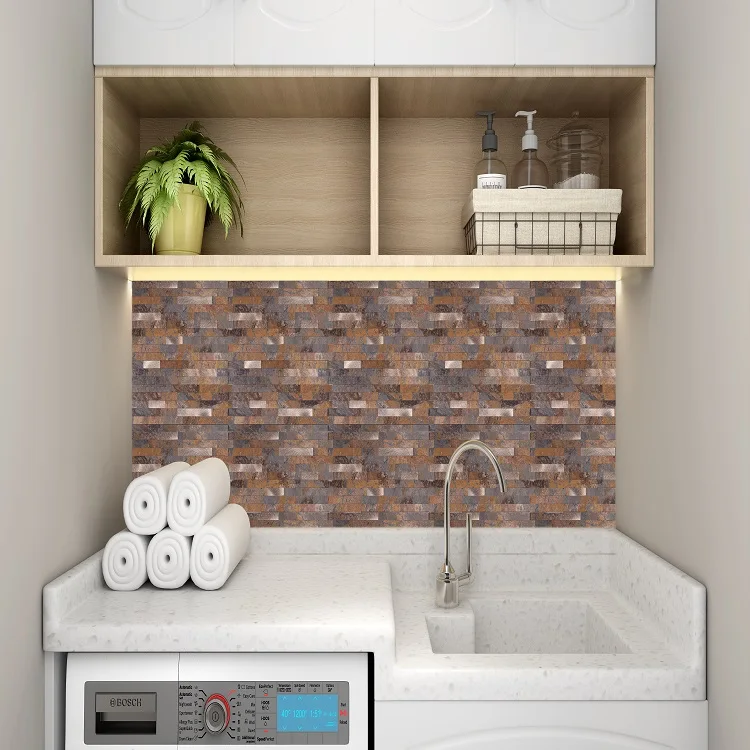 Diy Sheet Copper and Rock Composite Backsplash Decoration Metal and Stone Pattern PVC Mixed Peel and Stick Tile