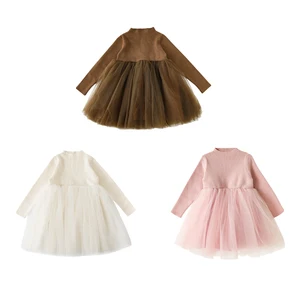 YOEHYAUL Winter White Brown Pink Warm Girls Sweater Dress for Girls Kids Sweet Cute Mesh Fluffy Children Tulle Dress Baby Girl