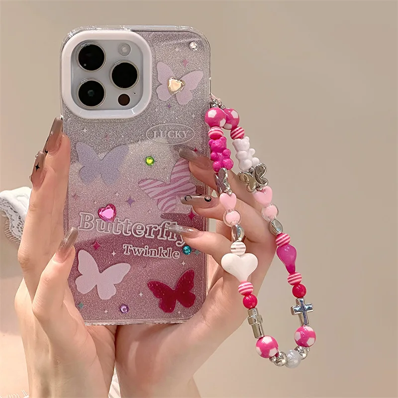 Excellent quality with pink bracelet fine laser butterfly star pattern mobile phone case supplier