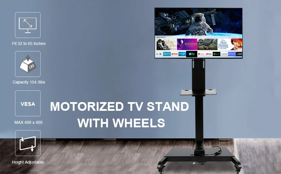 Height Adjustable Mobile Motorized Tv Lift Floor Stands Rolling Tv 