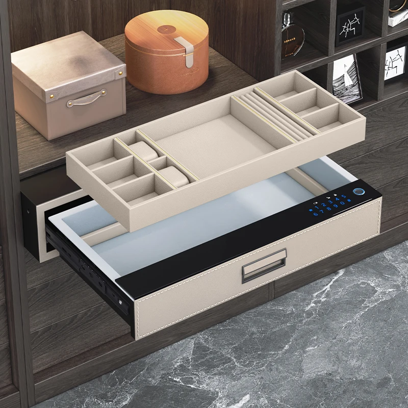 HNOSS Leather Password Fingerprint Safe Box Wardrobe Hidden Sliding Jewelry Drawer Safe Box