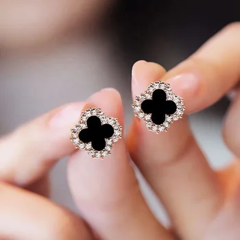 Wholesale Fashionable And Simple Black Four-leaf Clover Full Diamond Zircon Earrings For Women Jewelry