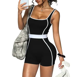 Contrast Color Side Stripes Slim Lift Girdling Yoga Bodysuit Scrunch Butt Women Gym Fitness Shorts Jumpsuit with Chest Cushion