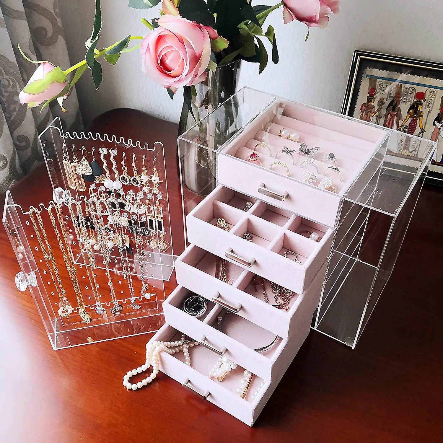 Clear Jewelry Velvet Jewellery Organizer Necklaces Holder Tray Ring