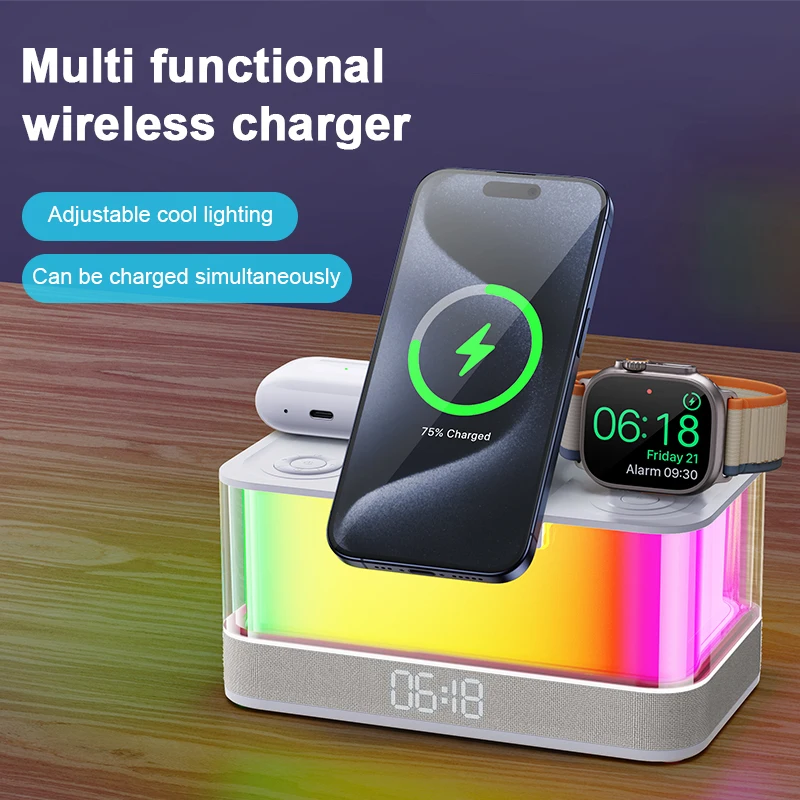 15W Bedroom RGB Night Light Alarm Clock Mobile Phone Holder Multifunctional 6.1 Wireless Charger BT Speaker 10W - Image 2