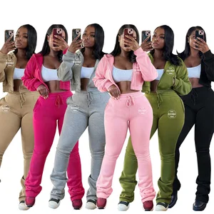 Custom Winter Women Clothes Sweatsuit Tracksuit Hoodie Crop Top Stacked Sweatpants Sport Wear Joggers Two Piece Women Sets