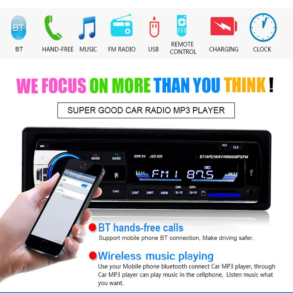1DIN Autoradio MP3 Player USB TF Bluetooth FM Stereo AUX-IN WMA Fernbedienung DE